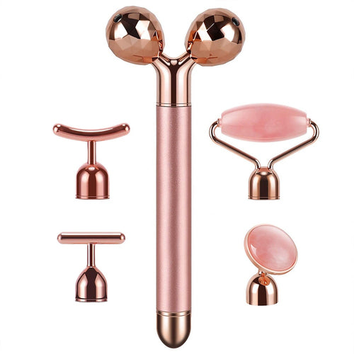 Masseur Facial Or 24K 5-en-1 — Vibrations Haute Fréquence & Quartz Rose