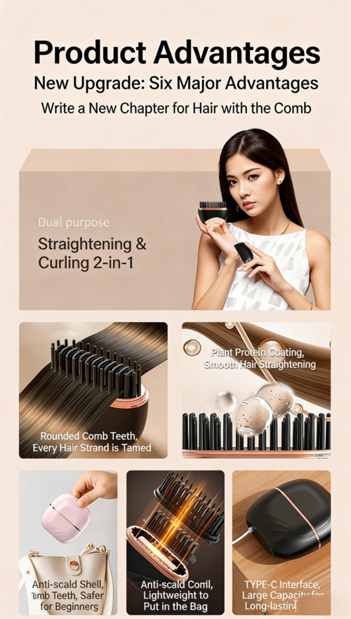 Brosse Lissante Sans Fil 2-en-1 — Lissage & Boucles, Chauffe en 30s